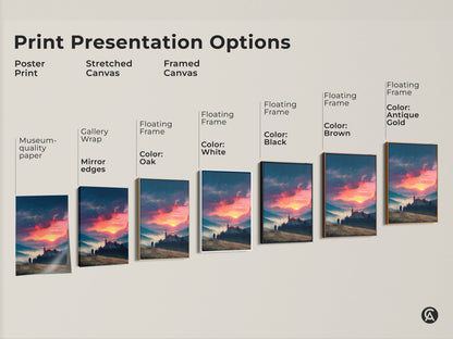 Explore print presentation options for this sunset landscape artwork. Choose from poster prints stretched canvases and framed canvases. Various frame colors are available. Find the perfect style to complement your space and taste.