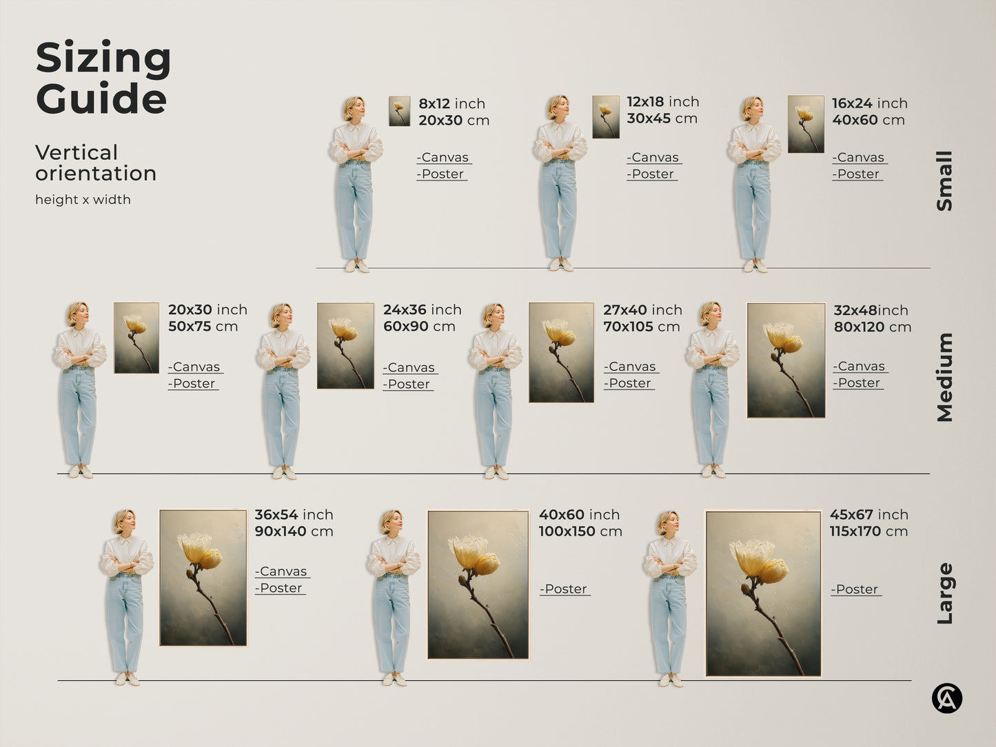 Sizing guide showcasing vertical orientation heights and widths. Canvas and poster options are available. Sizes include small medium and large. Find the perfect fit for your botanical wall art print.