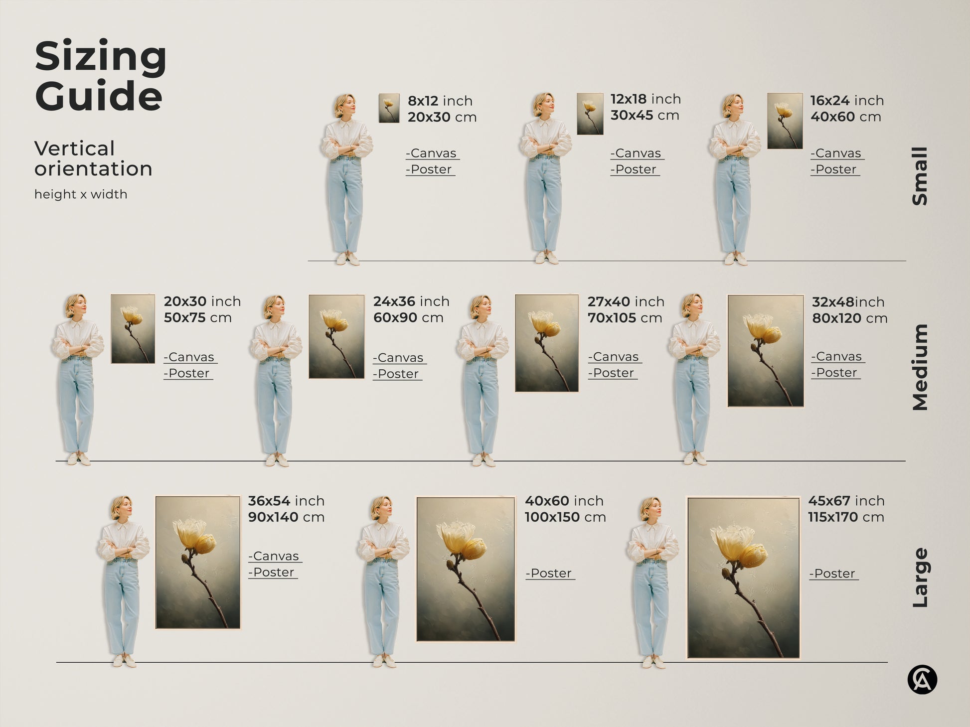 Sizing guide showcasing vertical orientation heights and widths. Canvas and poster options are available. Sizes include small medium and large. Find the perfect fit for your botanical wall art print.