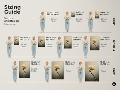 Sizing guide showcasing vertical orientation heights and widths. Canvas and poster options are available. Sizes include small medium and large. Find the perfect fit for your botanical wall art print.