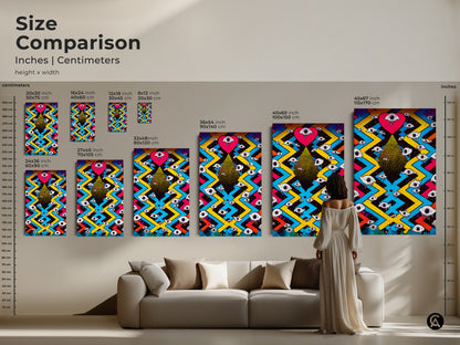 A size comparison of surreal eye heart artwork. See the scale in inches and centimeters. Choose from sizes like 16x24 to 45x67 inches. The psychedelic art enhances your living room. This eclectic decor piece makes a bold statement. The magenta yellow blue canvas transforms your space.