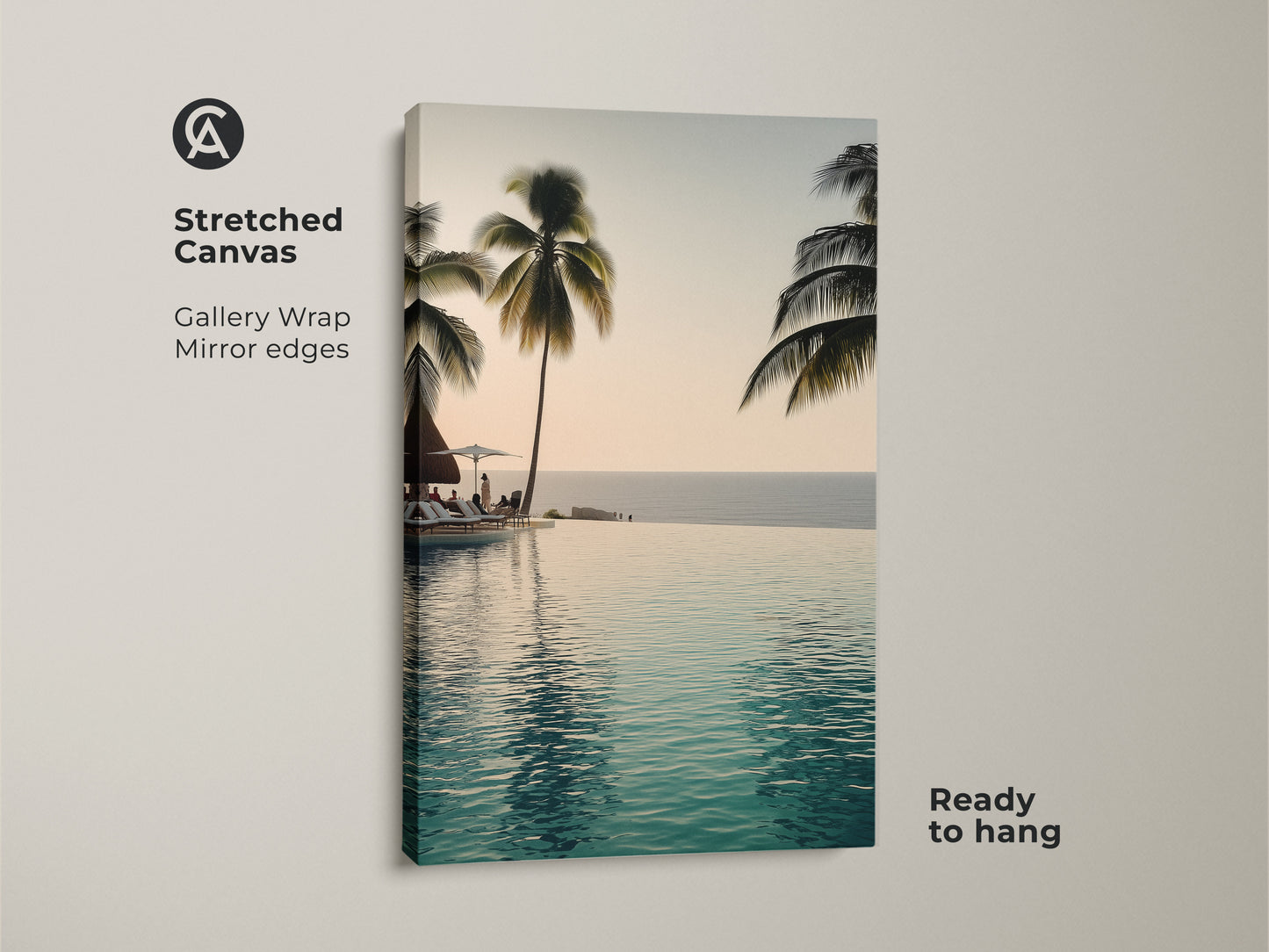 This stretched canvas features an infinity pool with palm trees. Gallery wrapped with mirrored edges it's ready to hang. Bring a coastal ocean view to your home with this tropical beach landscape art.