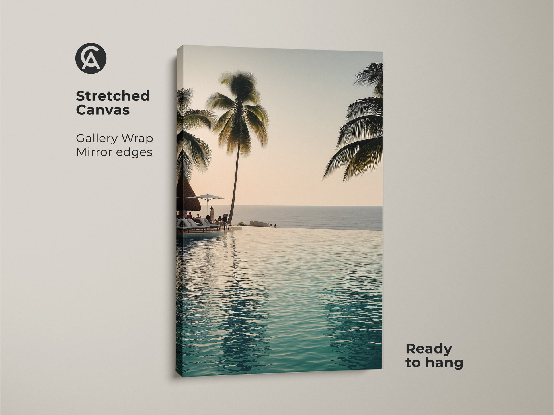 This stretched canvas features an infinity pool with palm trees. Gallery wrapped with mirrored edges it's ready to hang. Bring a coastal ocean view to your home with this tropical beach landscape art.