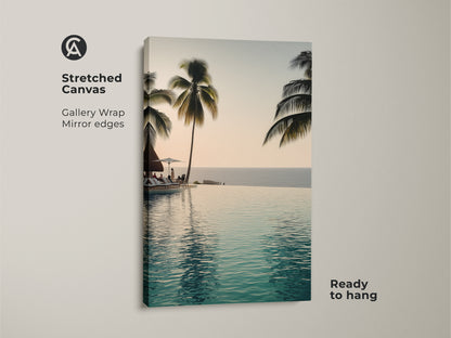 This stretched canvas features an infinity pool with palm trees. Gallery wrapped with mirrored edges it's ready to hang. Bring a coastal ocean view to your home with this tropical beach landscape art.