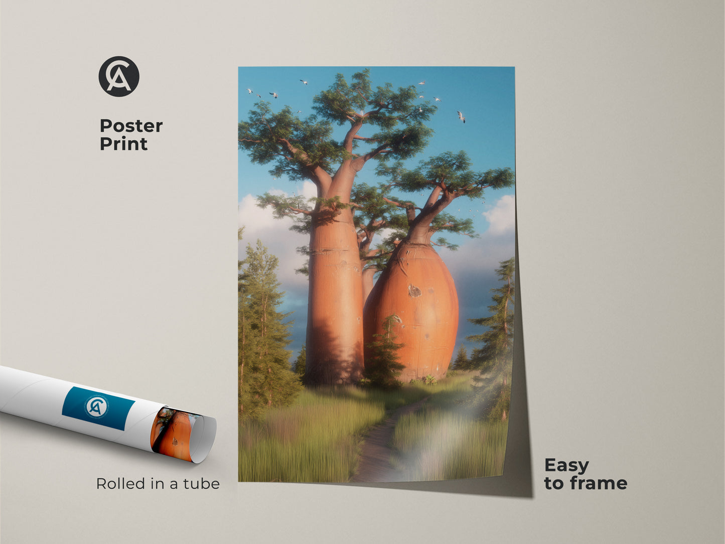 Poster print featuring a realistic Baobab trees painting. This scenic nature wall art shows birds flying. The orange blue green art is easy to frame. This unique boho wall hanging is rolled in a tube for protection.