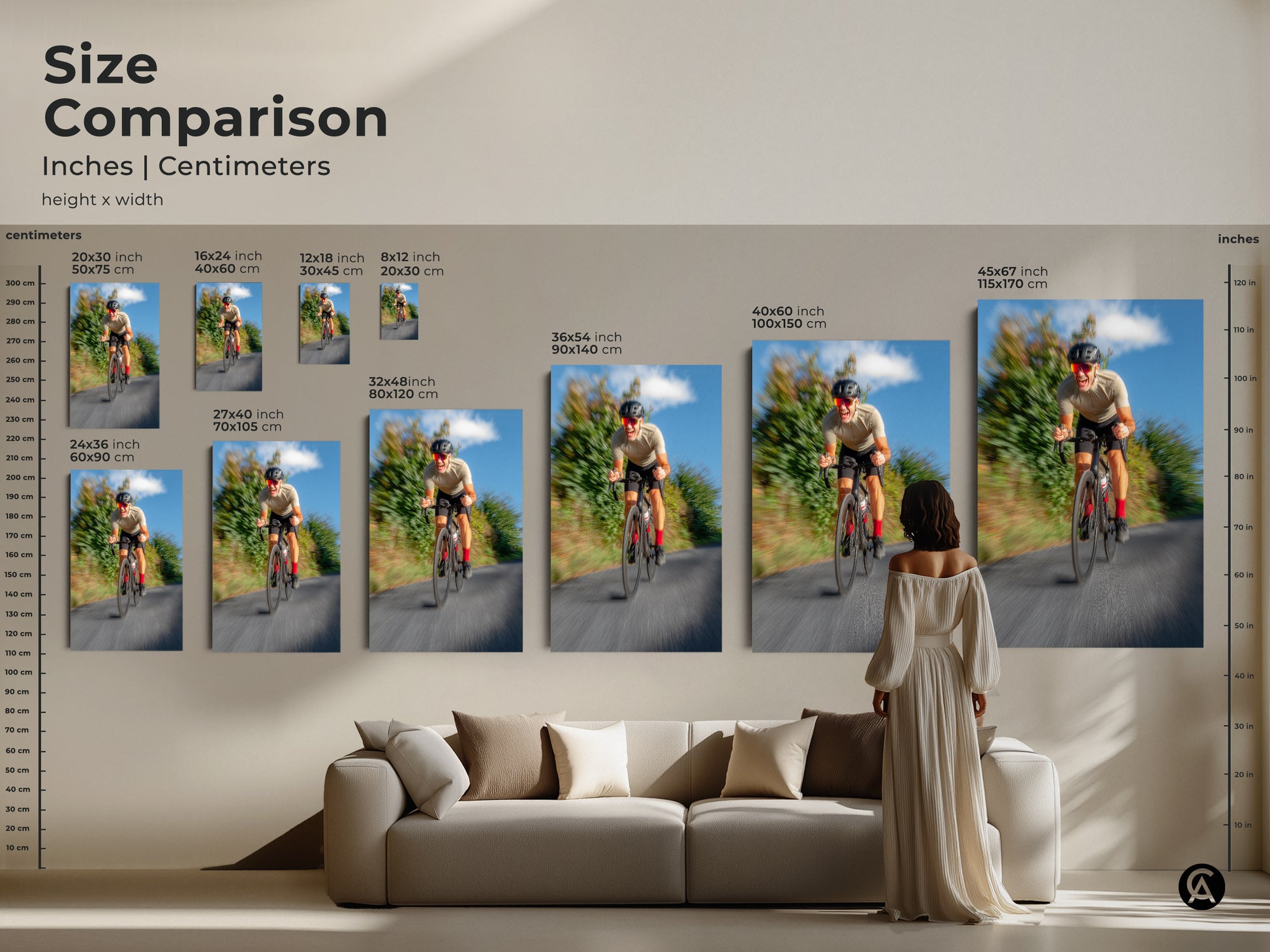 Size comparison of cyclist artwork. Various sizes in inches and centimeters are showcased. This motion blur cycling art makes a statement. The blue and grey road cyclist canvas print is ideal for contemporary spaces or a cyclist gift.