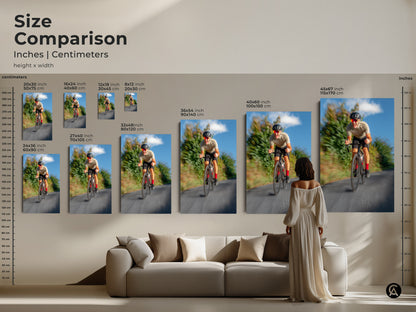 Size comparison of cyclist artwork. Various sizes in inches and centimeters are showcased. This motion blur cycling art makes a statement. The blue and grey road cyclist canvas print is ideal for contemporary spaces or a cyclist gift.