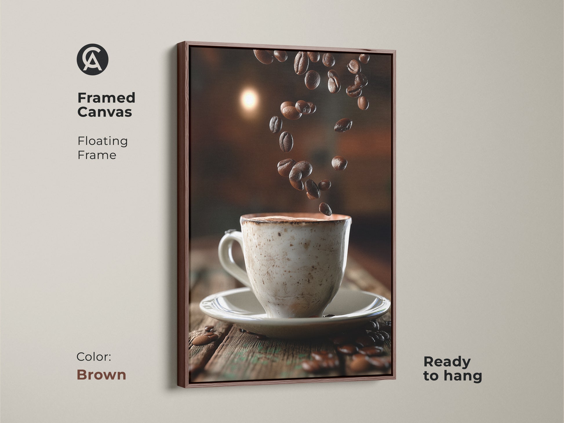 Framed canvas art of coffee cup and beans. Brown floating frame complements the rustic artwork. Ready to hang in any kitchen. Modern farmhouse art for coffee enthusiasts.