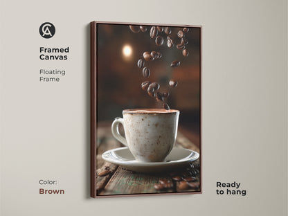 Framed canvas art of coffee cup and beans. Brown floating frame complements the rustic artwork. Ready to hang in any kitchen. Modern farmhouse art for coffee enthusiasts.