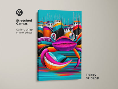 Stretched canvas Pop Art crab art print. Gallery wrapped with mirror edges ready to hang. Colorful boats are in the background. Eclectic coastal wall artwork for a beach themed living space.