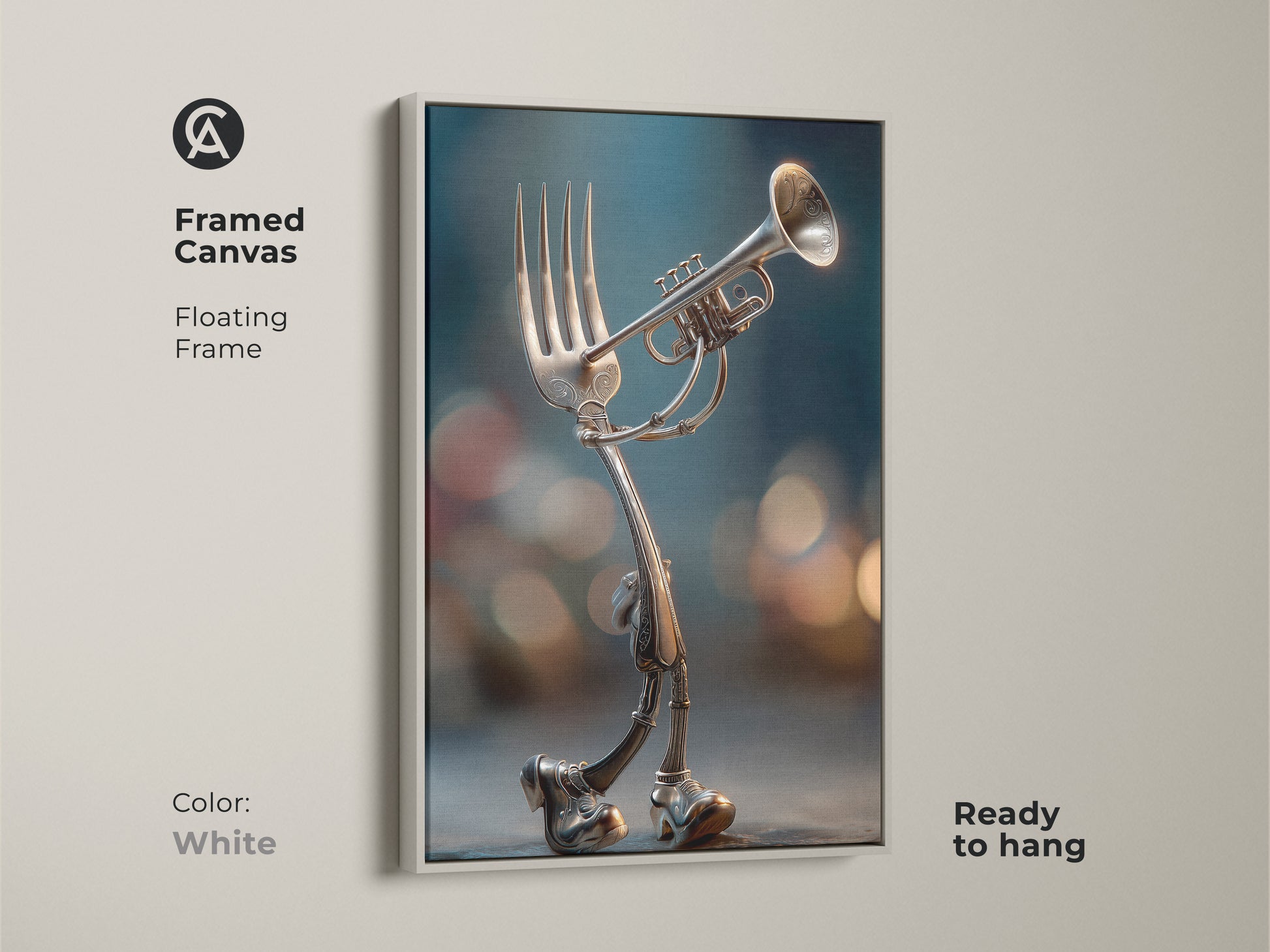 This framed canvas shows a fork with legs playing a trumpet. The floating frame is white. It is ready to hang. It brings a whimsical and modern touch to your home decor. Shop now for unique art.