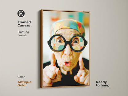 Antique gold framed canvas print of an elderly woman with glasses. The art comes in a floating frame ready to hang. This artwork is a vintage-inspired wall decor piece. Shop now for unique framed art. Add a touch of elegance to your home.