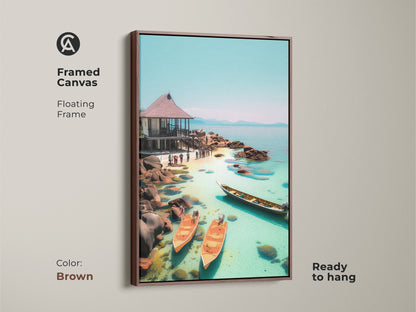 Brown framed canvas art featuring a tropical beach scene. Coastal ocean artwork with an aqua blue scenic landscape including a seaside hut and boats. Ready to hang this print brings coastal serenity to your home. Perfect for travel lovers and enhancing beach house decor.