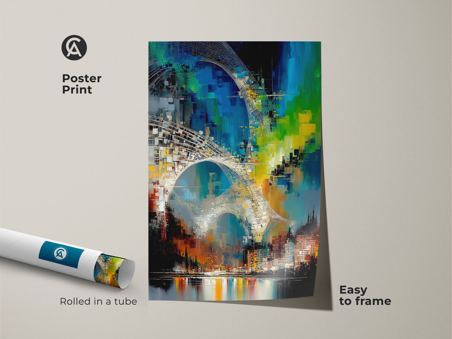 Easy to frame poster print featuring an abstract cityscape. The artwork has a modern blue and teal color scheme. The canvas print captures the essence of modern urban art. Rolled in a tube this cityscape wall hanging is perfect for any city dweller's collection. The artwork has rich color and detail.