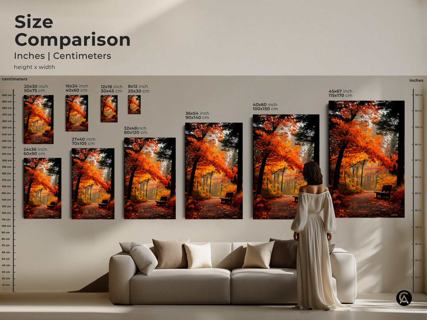 Visualize the impact of this autumn park artwork in various sizes. This size comparison shows the artwork in inches and centimeters. See how the vibrant orange trees and peaceful bench fit your space. Choose the perfect size to transform your home with nature's beauty.