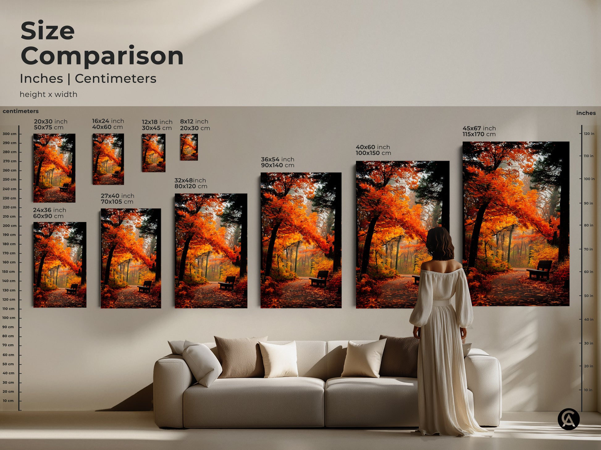 Visualize the impact of this autumn park artwork in various sizes. This size comparison shows the artwork in inches and centimeters. See how the vibrant orange trees and peaceful bench fit your space. Choose the perfect size to transform your home with nature's beauty.