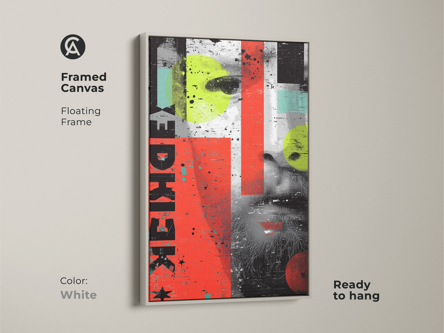 Framed canvas featuring abstract portraiture art. The white floating frame highlights the grunge collage. Red yellow and teal colors create a modern look. Ready to hang this eclectic home decor art adds personality to any space. This typography portrait print is a creative accent.