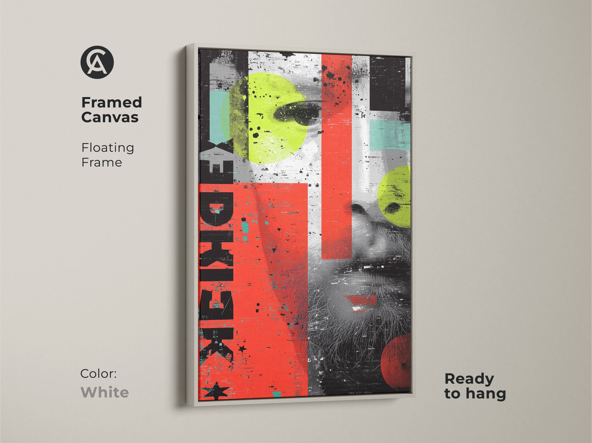 Framed canvas featuring abstract portraiture art. The white floating frame highlights the grunge collage. Red yellow and teal colors create a modern look. Ready to hang this eclectic home decor art adds personality to any space. This typography portrait print is a creative accent.