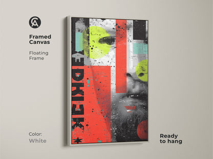 Framed canvas featuring abstract portraiture art. The white floating frame highlights the grunge collage. Red yellow and teal colors create a modern look. Ready to hang this eclectic home decor art adds personality to any space. This typography portrait print is a creative accent.