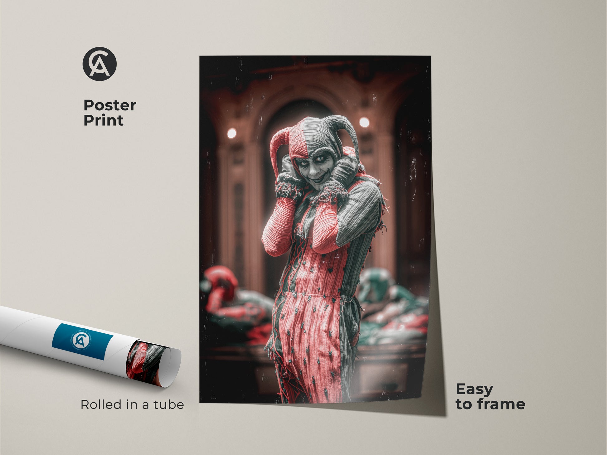 Crimson and black circus harlequin poster. A unique fantasy wall art rolled in a tube. Easy to frame and perfect as a macabre fantasy decor. This vintage jester poster adds gothic vibes to any art collection or alternative space wall art.