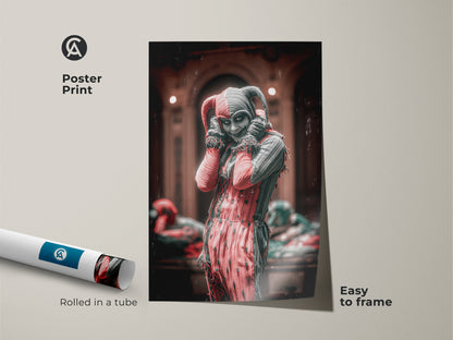 Crimson and black circus harlequin poster. A unique fantasy wall art rolled in a tube. Easy to frame and perfect as a macabre fantasy decor. This vintage jester poster adds gothic vibes to any art collection or alternative space wall art.