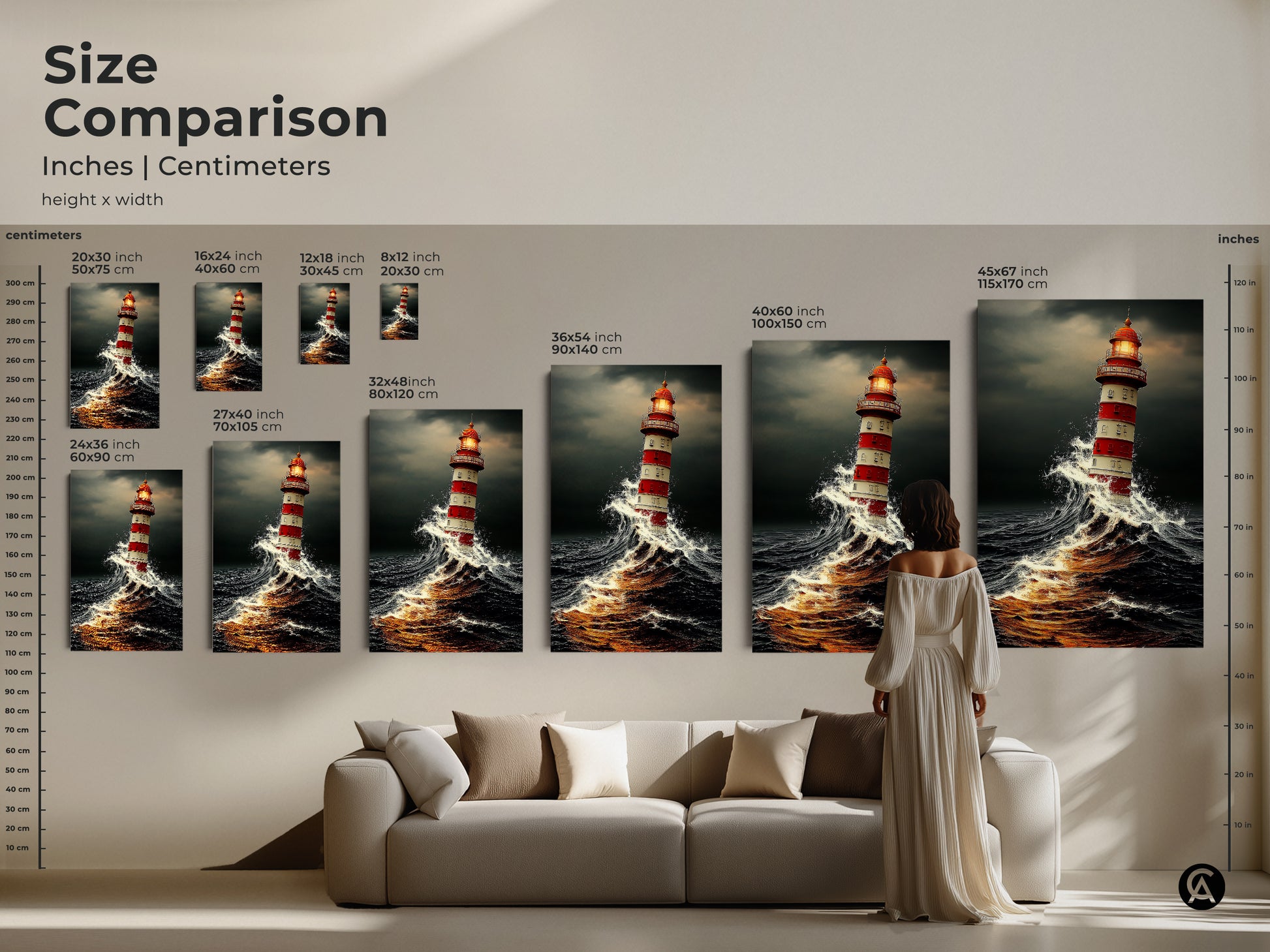 Size Comparison shows various canvas and poster dimensions. This height x width chart lets you visualize each art piece's impact. Ideal for any interior from a small space to a grand living room.
