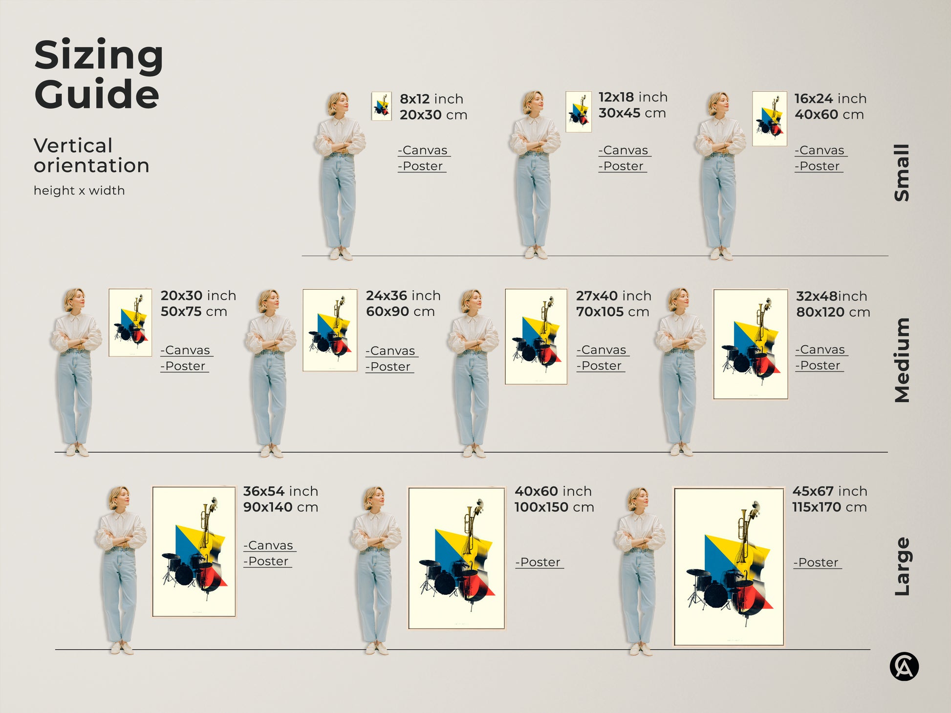 Sizing guide for vertical abstract geometric music artwork.  Canvas and poster options include a double bass and trumpet. Ranging from small to large sizes this modern yellow blue and red art is versatile.