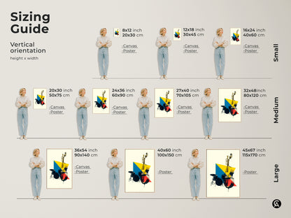 Sizing guide for vertical abstract geometric music artwork.  Canvas and poster options include a double bass and trumpet. Ranging from small to large sizes this modern yellow blue and red art is versatile.