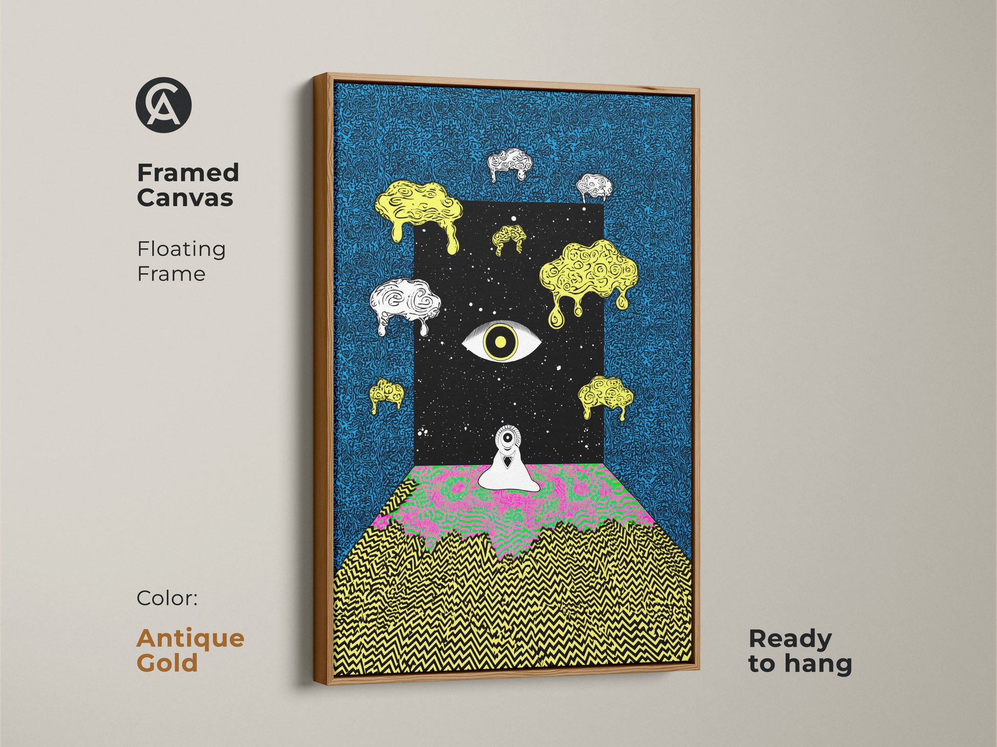 Framed canvas surreal eye artwork creating a mesmerizing portal to a cosmic realm. This psychedelic abstract art combines blue black and melting yellow hues. A lone figure stands before a trippy landscape. The antique gold floating frame artwork is perfect for eclectic wall decor offering depth and intrigue