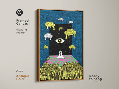 Framed canvas surreal eye artwork creating a mesmerizing portal to a cosmic realm. This psychedelic abstract art combines blue black and melting yellow hues. A lone figure stands before a trippy landscape. The antique gold floating frame artwork is perfect for eclectic wall decor offering depth and intrigue
