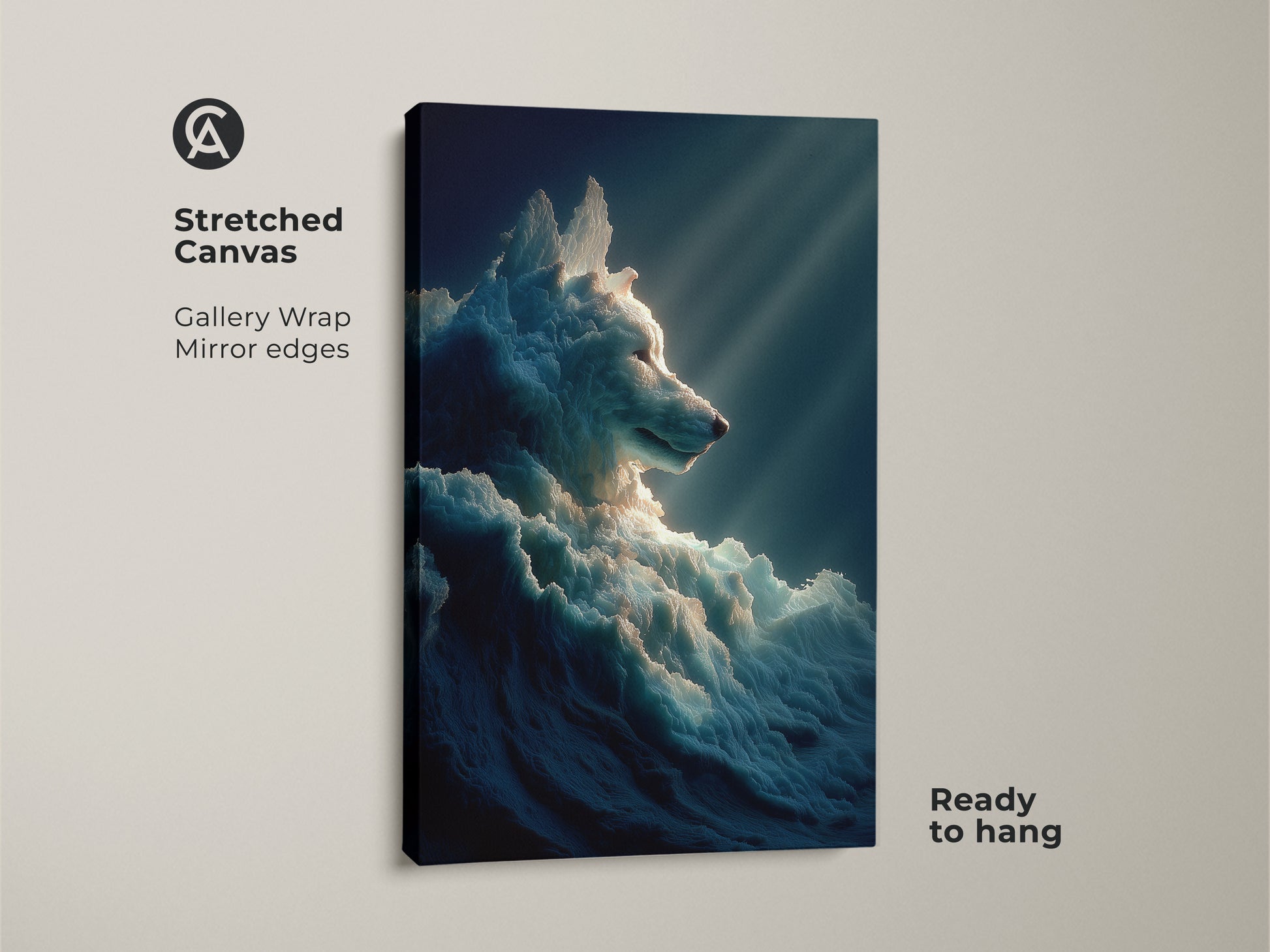 A stretched canvas featuring surreal wolf art. The ice wolf canvas art is ready to hang. This fantasy animal wall art features deep blue and white hues. This artwork is perfect for bedroom decor.