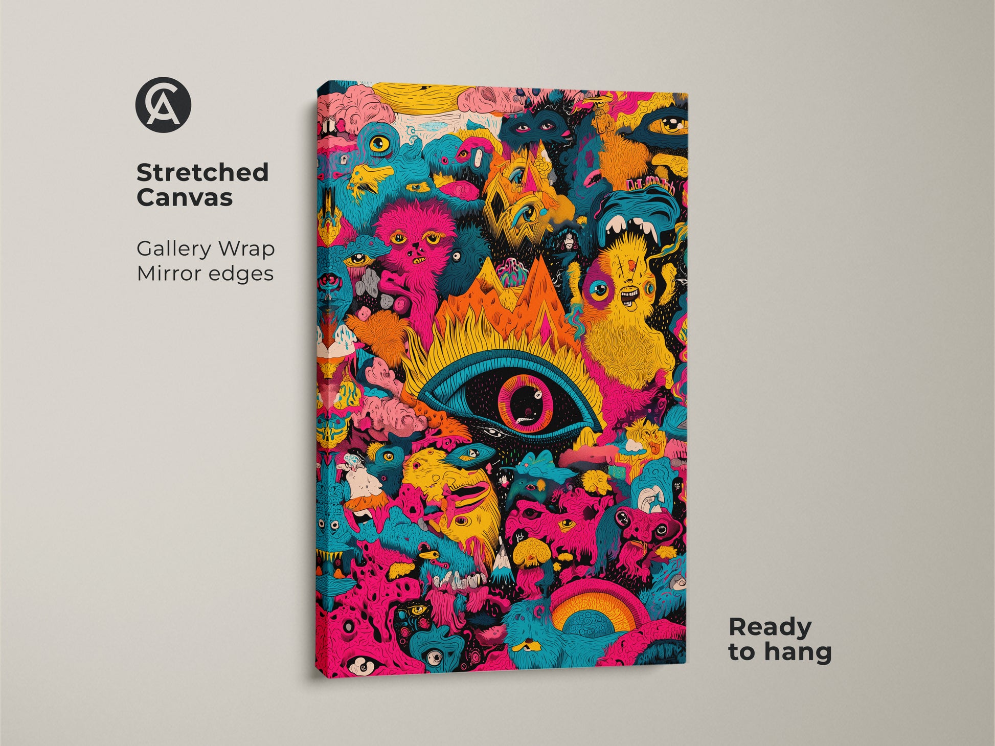 Stretched canvas print of psychedelic monster art. Gallery wrapped with mirrored edges this canvas is ready to hang. The artwork features a central eye surrounded by colorful surreal creatures. A bold statement piece for modern art collectors.