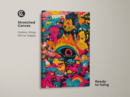 Stretched canvas print of psychedelic monster art. Gallery wrapped with mirrored edges this canvas is ready to hang. The artwork features a central eye surrounded by colorful surreal creatures. A bold statement piece for modern art collectors.