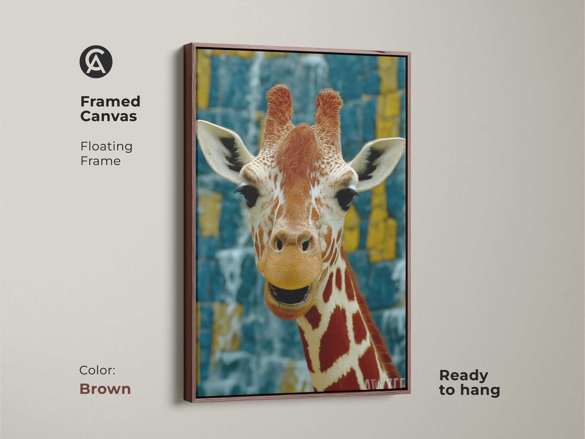 Framed canvas featuring a giraffe. Floating frame in brown color. The animal wall decor with photorealistic detail showcases African savanna wildlife art. The orange yellow and blue color palette offer an eclectic style. This giraffe artwork is ready to hang.