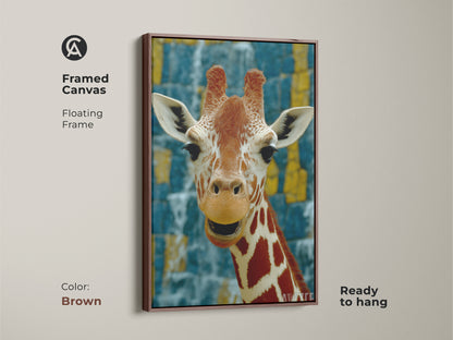 Framed canvas featuring a giraffe. Floating frame in brown color. The animal wall decor with photorealistic detail showcases African savanna wildlife art. The orange yellow and blue color palette offer an eclectic style. This giraffe artwork is ready to hang.