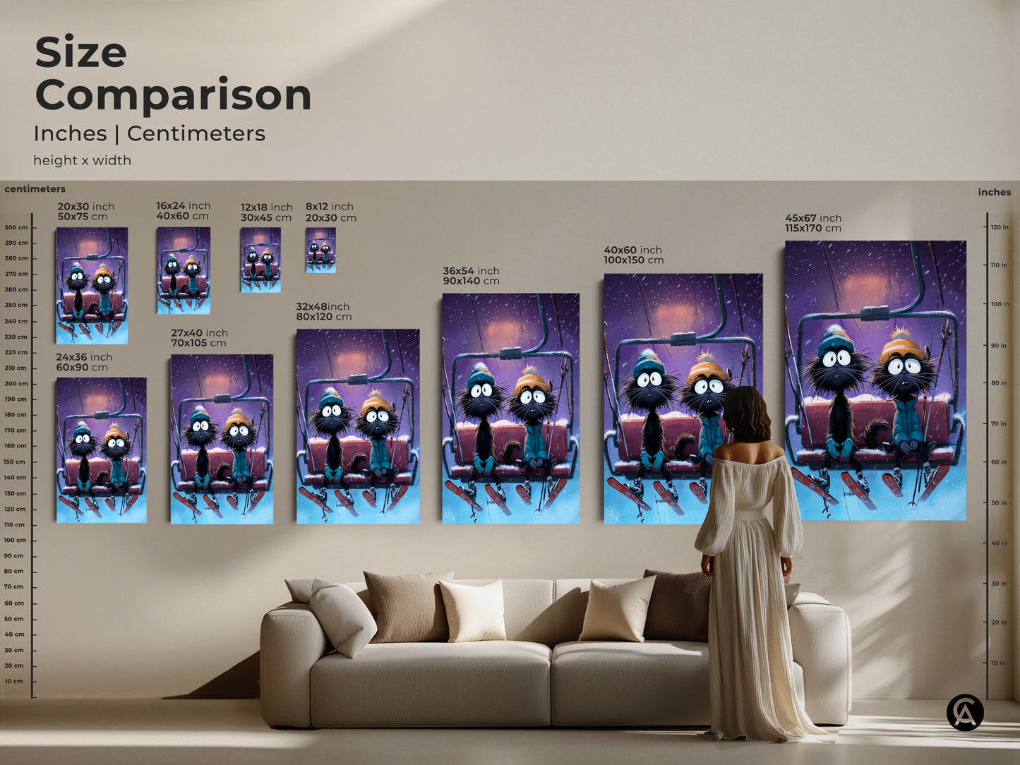 Compare sizes with this visual guide showcasing cartoon cats on a ski lift. See the winter cat couple art print in various dimensions. This helps you visualize the eclectic home decor in your space. Find the perfect fit for your unique cat themed gift. Explore size options for your home.