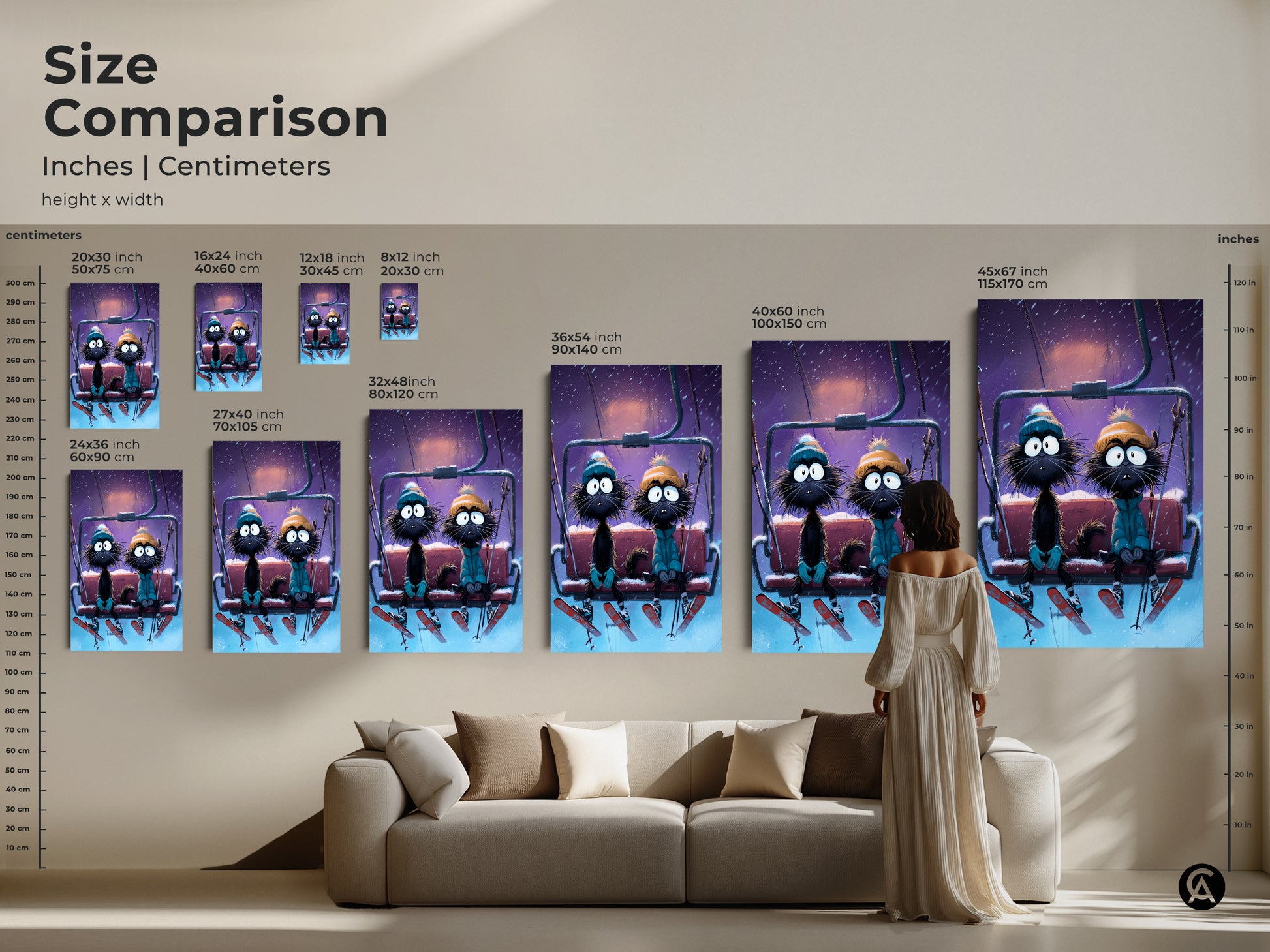 Compare sizes with this visual guide showcasing cartoon cats on a ski lift. See the winter cat couple art print in various dimensions. This helps you visualize the eclectic home decor in your space. Find the perfect fit for your unique cat themed gift. Explore size options for your home.