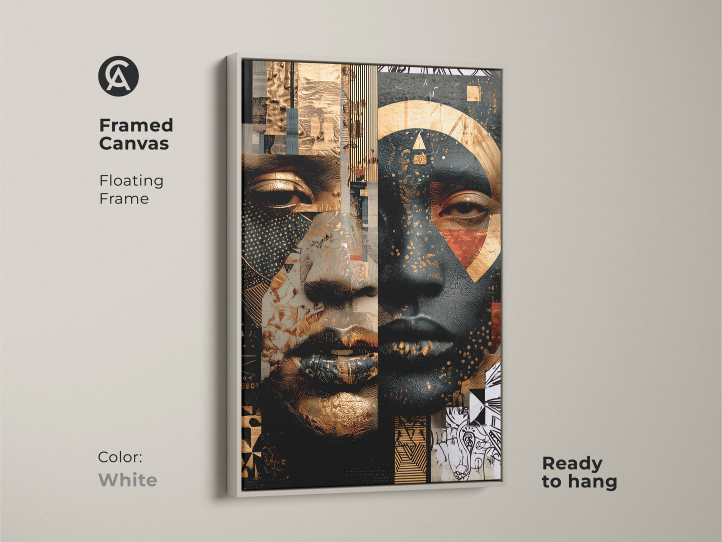 White framed canvas showing contemporary geometric art. A gold and black portrait of an abstract face. This eclectic home decor print has a floating frame. Ready to hang for a seamless display. Perfect for adding a modern artistic touch to any room.
