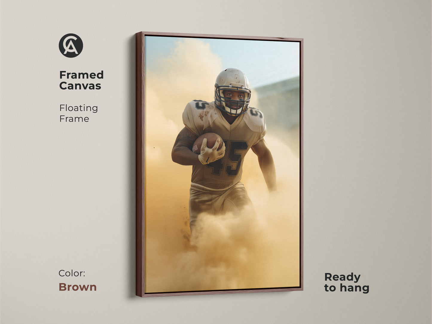 This framed canvas features a football player in a dynamic pose. The brown floating frame enhances the modern sports artwork. It's ready to hang adding athletic energy to any room. A great gift for sports enthusiasts and football fans.