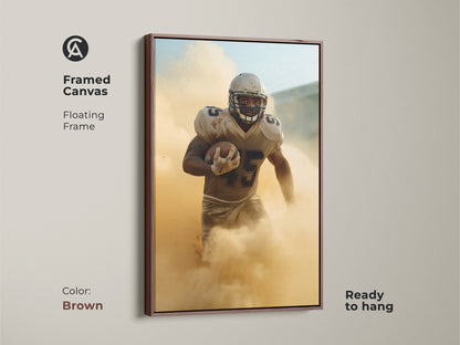 This framed canvas features a football player in a dynamic pose. The brown floating frame enhances the modern sports artwork. It's ready to hang adding athletic energy to any room. A great gift for sports enthusiasts and football fans.