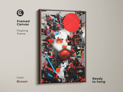 Framed canvas featuring an abstract man portrait. Floating frame in brown color. This glitch art wall decor has a deconstructivist style. Geometric man face artwork with red blue and black colors. Ready to hang for eclectic home decor.