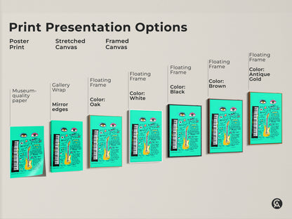 Print presentation options display the teal guitar Pop Art in poster stretched and framed canvas formats. Choose from various floating frame colors like black brown antique gold and white to suit your style.