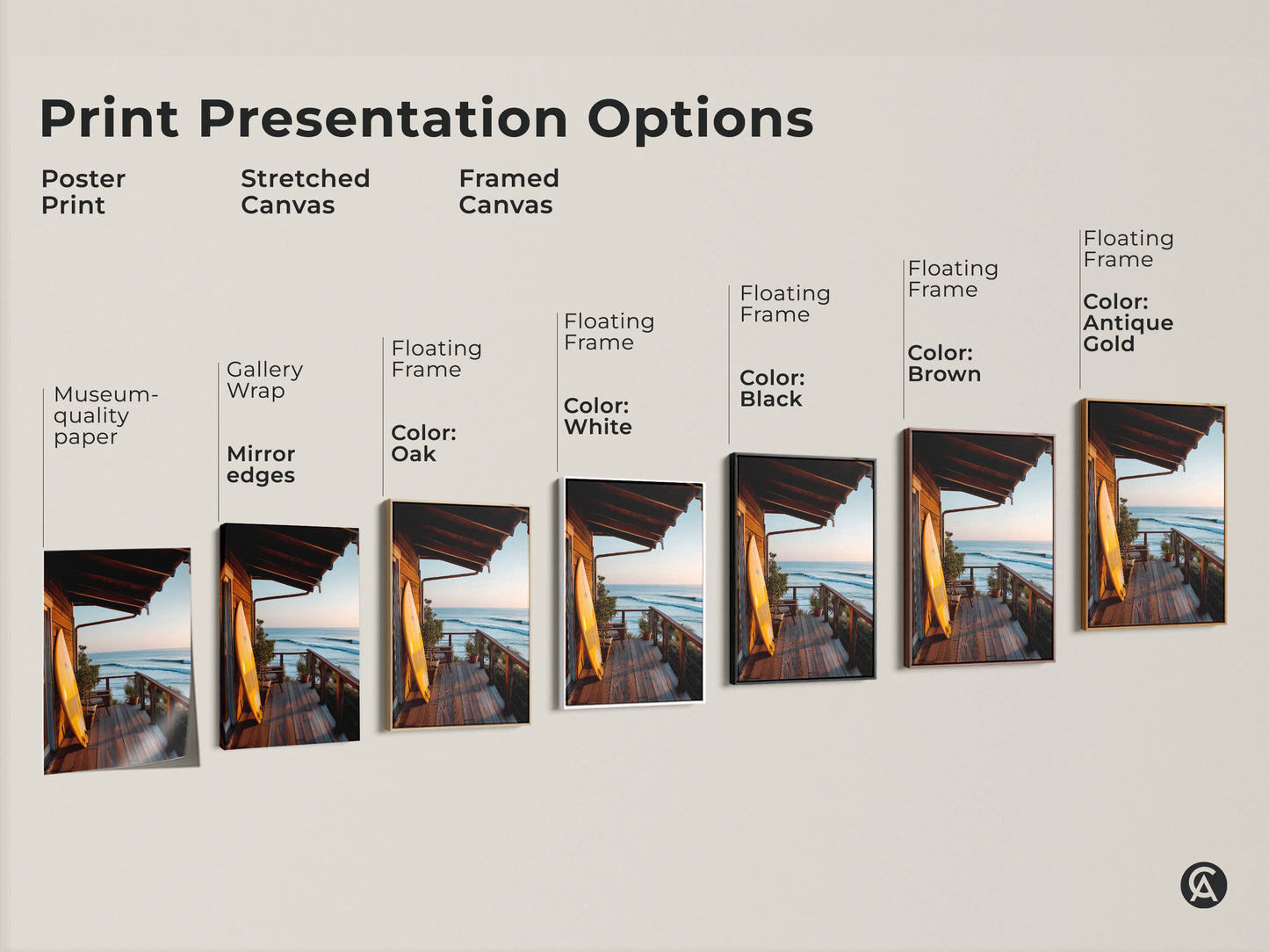 Explore print presentation options for coastal artwork featuring a surfboard on a porch. Choose from poster prints stretched canvas and framed canvas. Find the perfect style to match your decor. Museum-quality paper and gallery wraps are available. Add a touch of the ocean to your home.