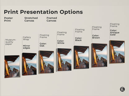 Explore print presentation options for coastal artwork featuring a surfboard on a porch. Choose from poster prints stretched canvas and framed canvas. Find the perfect style to match your decor. Museum-quality paper and gallery wraps are available. Add a touch of the ocean to your home.