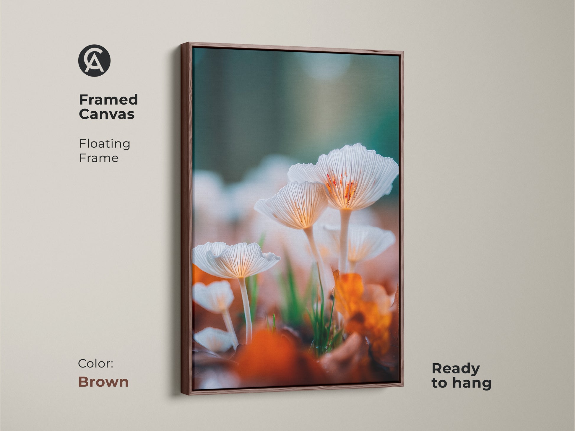 Brown framed canvas art print. The artwork showcases a detailed image of white mushrooms. The brown floating frame offers a warm and inviting touch. Perfect for adding a touch of nature to your space. It's ready to hang.