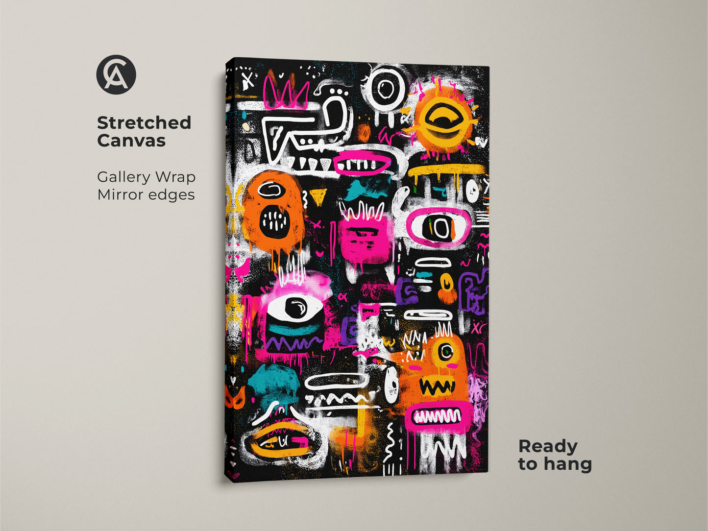 Stretched canvas showcasing abstract graffiti artwork. The gallery wrap and mirror edges give it a clean modern look. The bright colors pop against the black background. This canvas art is ready to hang. Add a touch of urban style to your home decor today