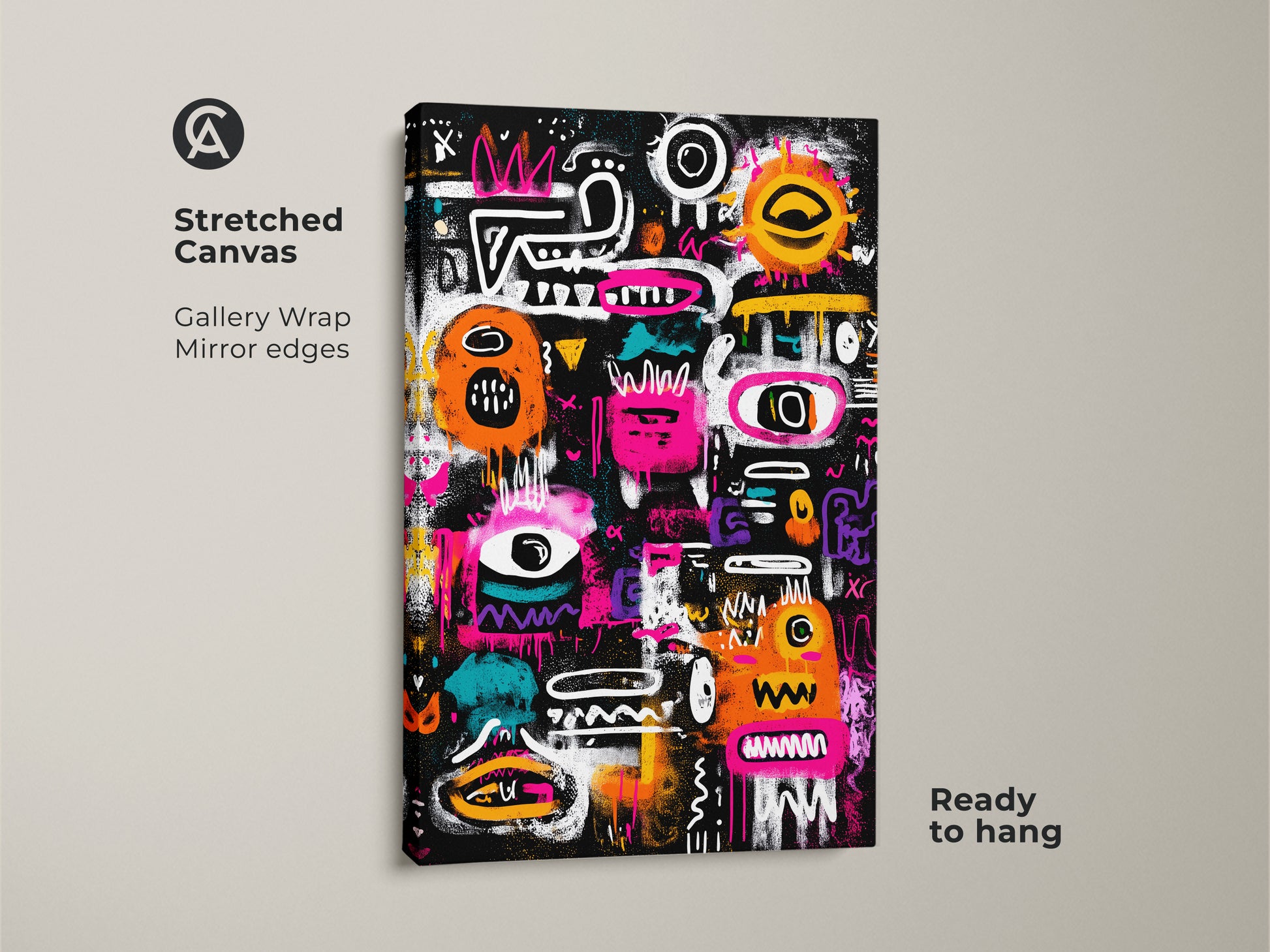Stretched canvas showcasing abstract graffiti artwork. The gallery wrap and mirror edges give it a clean modern look. The bright colors pop against the black background. This canvas art is ready to hang. Add a touch of urban style to your home decor today