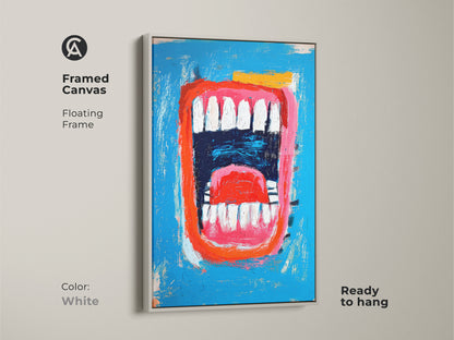 A framed canvas featuring a mouth artwork. The canvas is encased in a clean white floating frame. The artwork includes a bright blue background and a striking red mouth. This piece is ready to hang for easy installation.