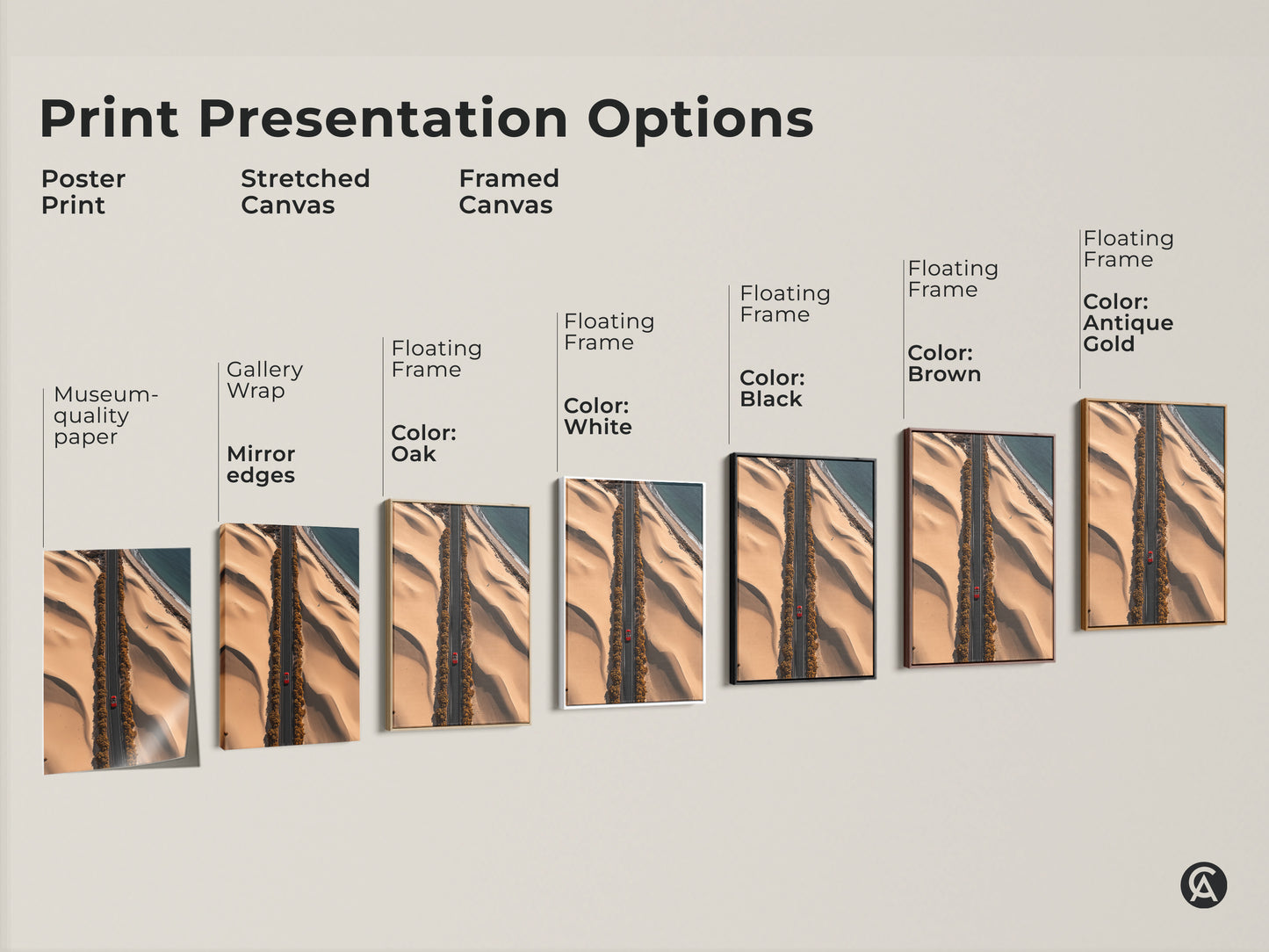 Explore print presentation options for this desert road art. See poster prints stretched canvases and framed canvases. Each features a red car on a sandy beige road. Find the perfect style to match your decor. Options include gallery wrap and floating frames in various colors. Elevate your space with this artwork.