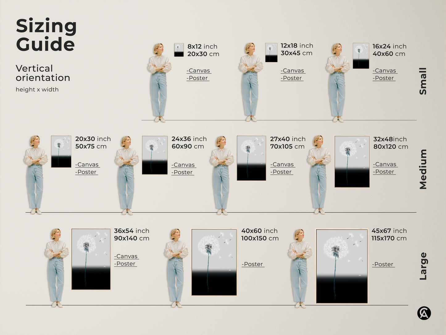 Sizing guide for minimalist dandelion art print. See vertical orientation options. Small medium and large sizes shown. Canvas and poster options available. Visualize the abstract botanical artwork in various dimensions. Find the ideal fit for your space. Transform your walls with elegant art.